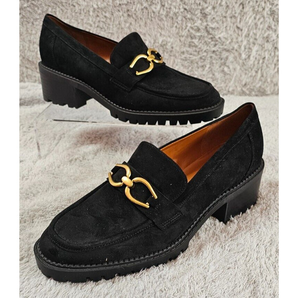 Marc Fisher Trisca Black Suede Leather Chunky Chain Lug‎ Loafers Womens 9.5 M - Picture 1 of 4